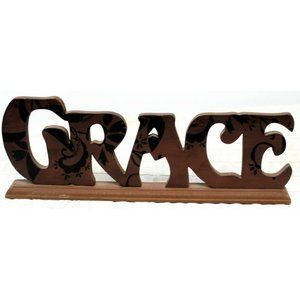 "Grace" Stand Up Decorative Sign Burgundy Brown Home Decor Black Swirl Designs